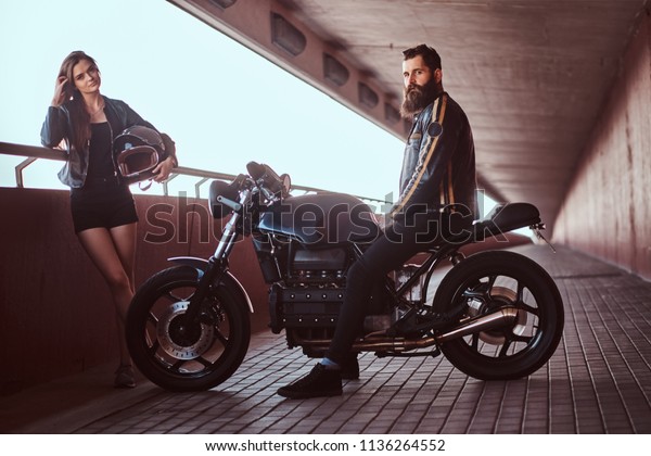 Portrait Attractive Couple Brutal Bearded Biker Stock Photo 1136264552 ...