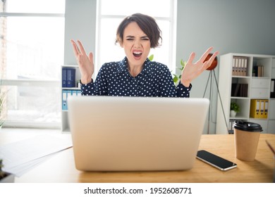 Portrait Of Attractive Devastated Desperate Girl Having Conflict Web Conference Meeting Scolding At Work Place Station Indoors