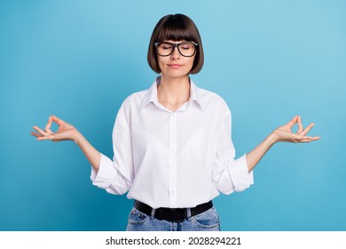 Portrait Of Attractive Dreamy Calm Girl Meditating Hobby Free Time Isolated Over Vibrant Blue Color Background