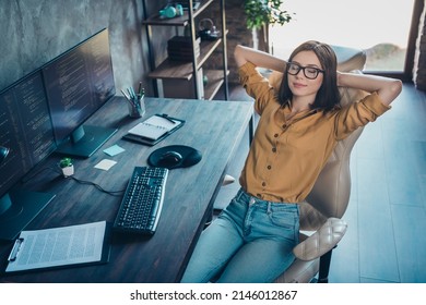 Portrait of attractive dreamy calm girl geek technician sitting resting in chair nap at workplace workstation indoors - Shutterstock ID 2146012867