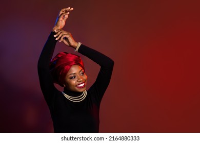 Portrait Of Attractive Feminine Cheery Woman Wear Traditional Outfit Posing Copy Space Isolated Over Dark Red Maroon Color Background