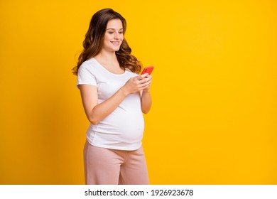 Portrait of attractive focused cheerful pregnant girl using device app chatting isolated over bright yellow color background