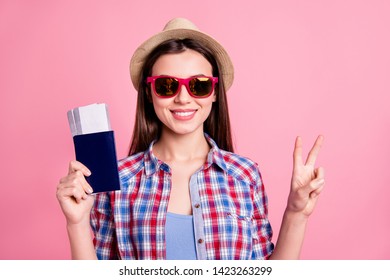 Portrait attractive friendly beautiful student make v-sign stylish tour content cheerful dream dreamy inspired enjoy hold hand documents plaid clothing shirt isolated pink trendy stylish background