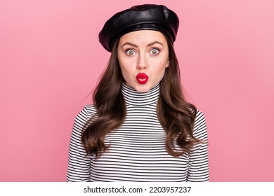 Portrait Of Attractive Funny Stunned Girl Sending Air Kiss Staring Eyes Isolated Over Pink Pastel Color Background