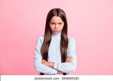 Portrait Of Attractive Fury Mad Brown-haired Girl Folded Arms Frowning Isolated Over Pink Pastel Color Background