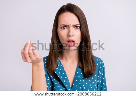 Portrait of attractive fury mad girl saying pretense fail bad news crisis mistake isolated over grey pastel color background