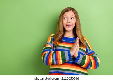 Portrait Of Attractive Girly Cheeful Girl Waiting Anticipation Copy Space Isolated Over Bright Green Color Background