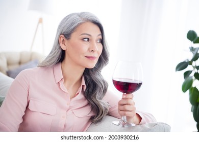 Portrait of attractive gray-haired dreamy woman sitting on divan drinking wine staying alone at home house indoor