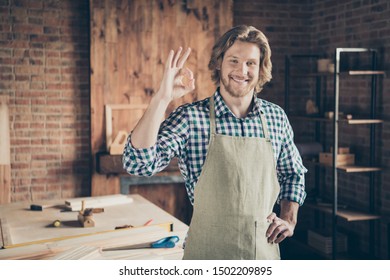 Portrait Of Attractive Handsome Cheerful Cheery Guy Small Business Shop Owner Showing Ok-sign Recommend At Industrial Brick Loft Style Interior Indoors Workplace