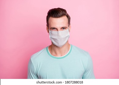 Portrait Of Attractive Healthy Man Use Safety Mask Covid Diagnosis Isolated Over Pink Pastel Color Background