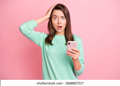 Portrait Of Attractive Horrified Lady Staring Open Mouth Unexpected Teal Pullover Isolated On Pink Color Background