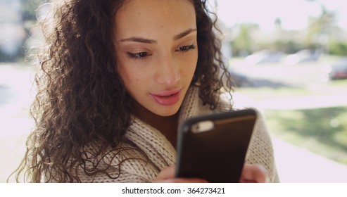 Portrait of an attractive latino woman texting on a cell phone.