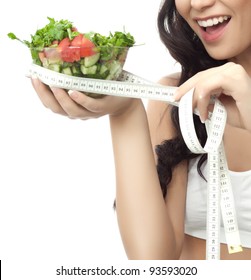 Portrait Of Attractive  Smiling Woman Isolated On White Studio Shot Eating Salat