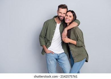 Portrait of attractive tender gentle cheerful couple life partners cuddling romance isolated over grey pastel color background - Shutterstock ID 2142575761
