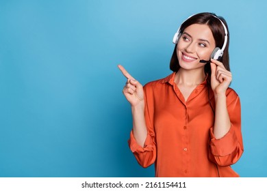 Portrait of attractive trendy cheerful girl help desk service showing copy space isolated over bright blue color background - Shutterstock ID 2161154411