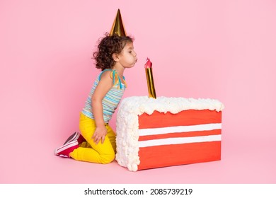 Portrait of attractive wavy-haired girl blowing candle on festal cake having fun isolated over pink pastel color background