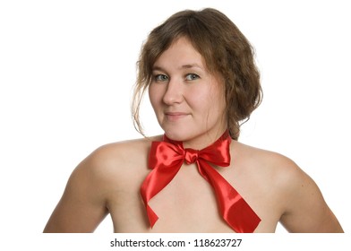 portrait of attractive woman with bow over white