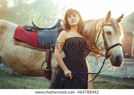 portrait attractive woman full length next horse