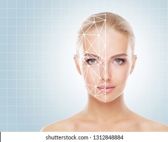 Portrait Of Attractive Woman With A Scnanning Grid On Her Face. Face Id, Security, Facial Recognition Concept.