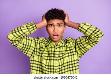 Portrait Of Attractive Worried Miserable Guy Bad News Reaction Isolated Over Violet Purple Color Background