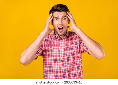 Portrait Of Attractive Worried Overwhelmed Guy Bad News Reaction Fail Isolated Over Bright Yellow Color Background