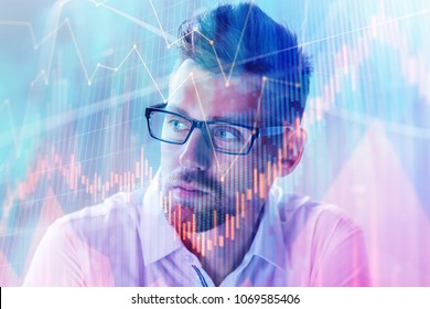 Portrait Of Attractive Young Businessman With Forex Chart. Broker And Trader Concept. Double Exposure 