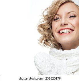 Portrait Of Attractive Young Caucasian Woman  Toothy Smile  Face Skin Care In Warm Clothing  Studio  Shot Isolated On White Smiling Winter 