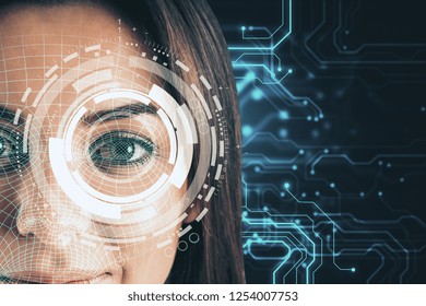 Portrait of attractive young european businesswoman with abstract face interface on blurry background. Biometrics and future concept. Double exposure 