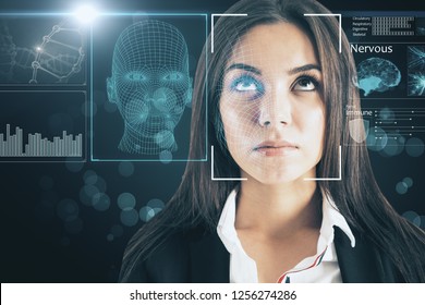 Portrait of attractive young european businesswoman with abstract face interface on blurry background. Biometrics and access concept. Double exposure 