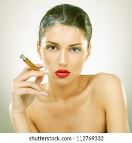  Portrait Of Attractive Young Woman Smoking Cigar, Studio Background - Vintage Picture Style