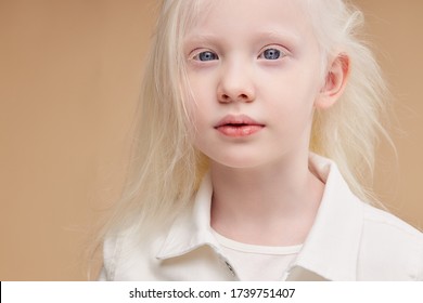 portrait of awesome albino kid with blonde hair. Fashion style and beauty look. Child with unusual young tender white skin. albinism, children, people diversity concept