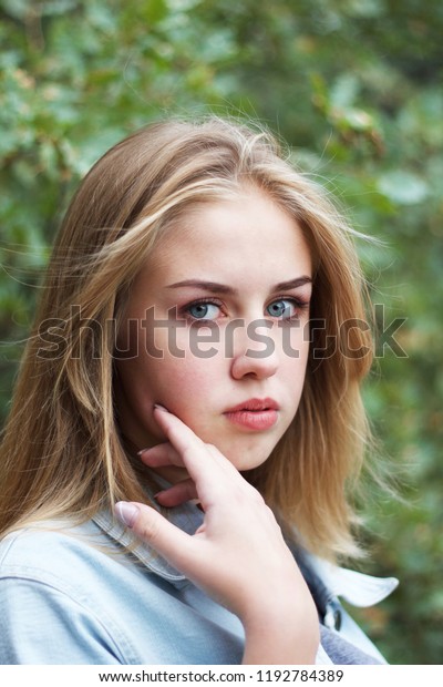 Portrait Awesome Blueeyed Blondehaired Teenage Girl Stock Photo