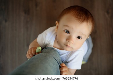 Portrait Of A Baby Boy, Embracing Mother's Leg And Asking To Talk