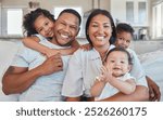 Portrait, baby and children with happy family, smile or house to relax with security, safety and care. Mexico, faces or proud parents on sofa with kid, support and trust for bonding together in home