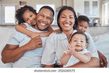 Portrait, baby and children with happy family, smile or house to relax with security, safety and care. Mexico, faces or proud parents on sofa with kid, support and trust for bonding together in home - Powered by Shutterstock