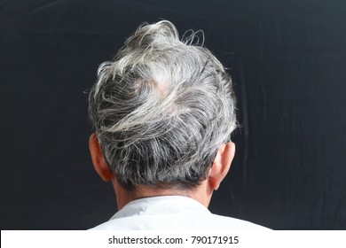 Portrait Back View Of Senior Asia Man, Grey Hair Black Color Background, Isolated Style 