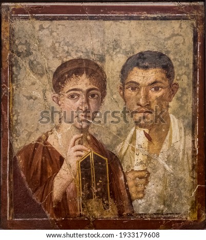 Portrait of the baker Terentius Neo and his wife. Perhaps ht only one of this kind discovered in the ancient roman site of Pompeii, near Naples. It was completely destroyed by the eruption of Vesuvius