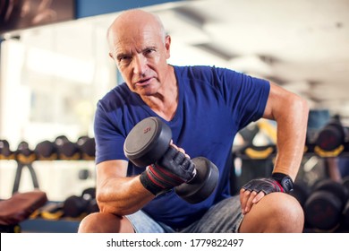 A portrait of bald senior man in the gym training with dumbbells. People, health and lifestyle concept - Powered by Shutterstock