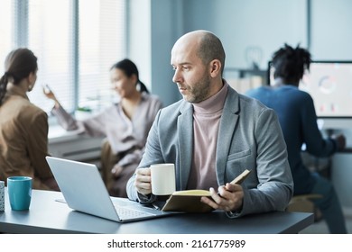 Portrait Of Balding Mature Man Working With Laptop In Office Setting And Enjoying Cup Of Coffee, Copy Space
