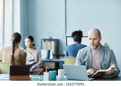 Portrait Of Balding Mature Man Working With Laptop In Office Setting And Looking At Screen Focused, Copy Space