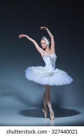 Portrait of the ballerina  in the role of a white swan on blue background
