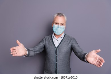 Portrait Of Banker Economist In Casual Formal-wear Mask Welcoming You To Join Isolated Over Gray Pastel Background