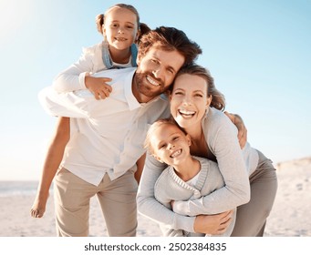 Portrait, beach and family with love, hug and happiness with kids, parents and travel for vacation. Face, seaside and mother with father, children and summer holiday with embrace, adventure and smile - Powered by Shutterstock