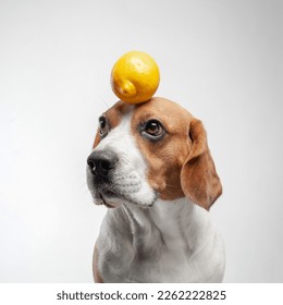 Portrait of beagle with a lemon on his head. Funny dog studio shot white background. Pet with fruits.  - Shutterstock ID 2262222825