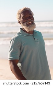 Portrait Of Bearded Happy African American Senior Man Standing Against Sea And Clear Sky In Summer. 