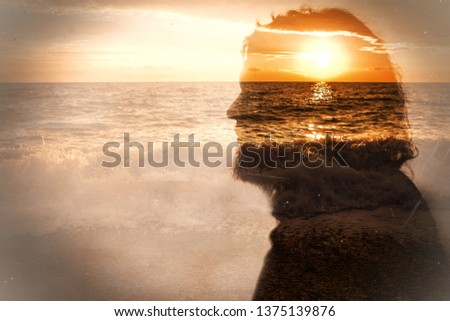 Portrait of bearded male on sea and sunrise background. Inner being and subconscious concept. Old photo stylization.