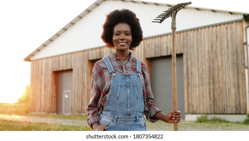 Portrait of beautiful African American young woman with pitchfork farmer standing in field at shed on background and smiling to camera. Pretty female with smile and fork at farm. Countryside concept.