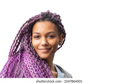 portrait of beautiful african american young woman with afro hairstyle with nose piercing isolated on white background,studio shot,girl with colored hair,purple curls - Powered by Shutterstock