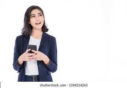 Portrait Of Beautiful Asian Business Girl Celebrate With Smartphone With Copy Space On White Background. Success And Happy Woman Face, Education Internet Technology Startup Business Concept 