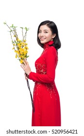 Portrait of a beautiful Asian woman on traditional festival costume Ao Dai holding Hoa Mai tree (Ochna Integerrima) flower. Tet holiday. Lunar New Year.